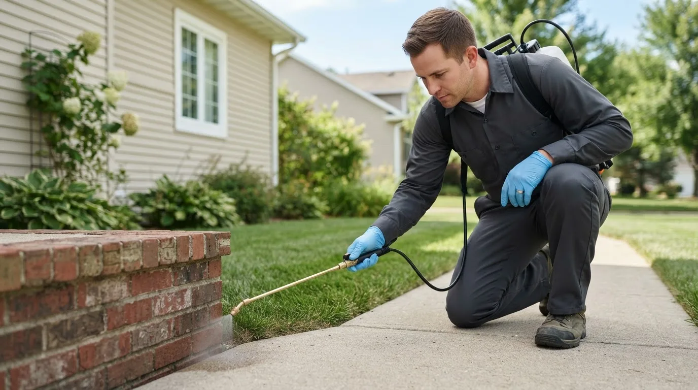 Pest control technician treating a home near Mcintosh, SD